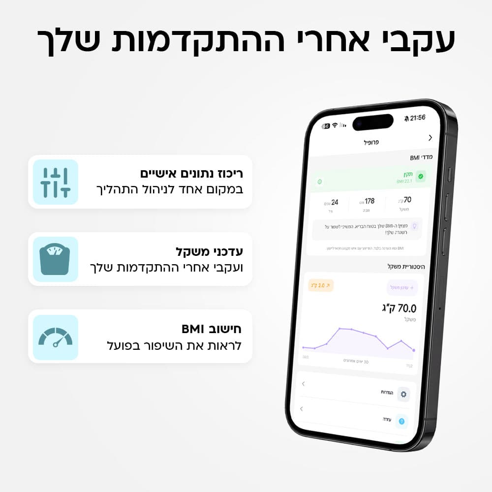 מעקב אחר התקדמות — BMI, משקל ונתונים אישיים